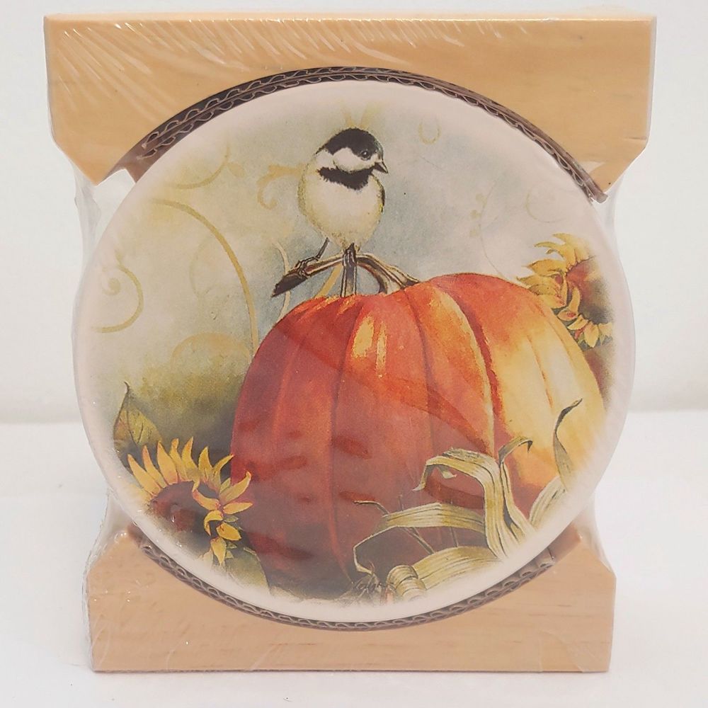Home Accents Joyful Harvest Fall Pumpkins 4 Ceramic Coasters w/Wooden Caddy. NEW